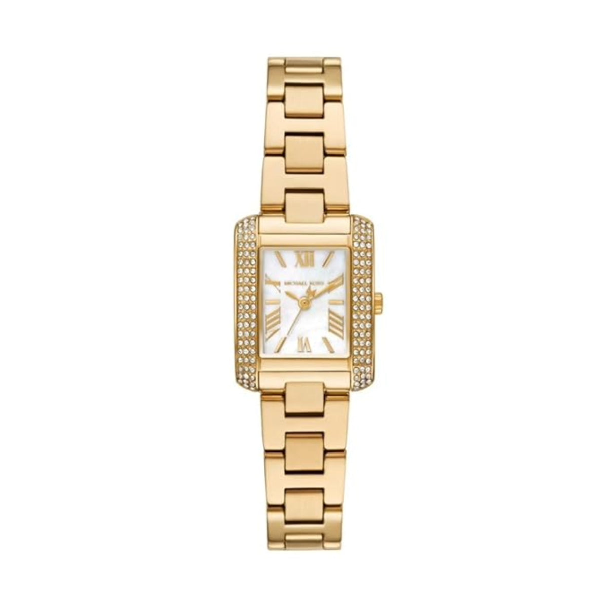 Gold watch with a rectangular face on a white background