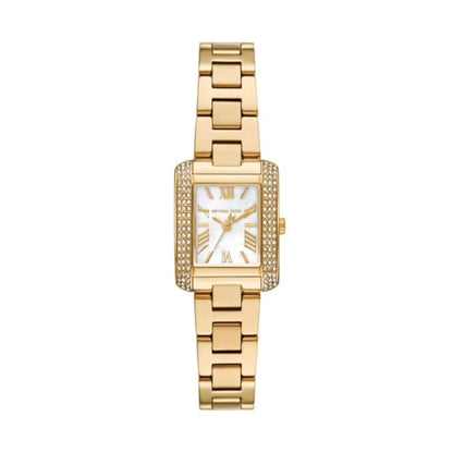 Gold watch with a rectangular face on a white background