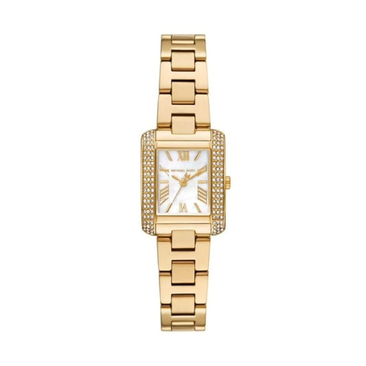 Gold watch with a rectangular face on a white background