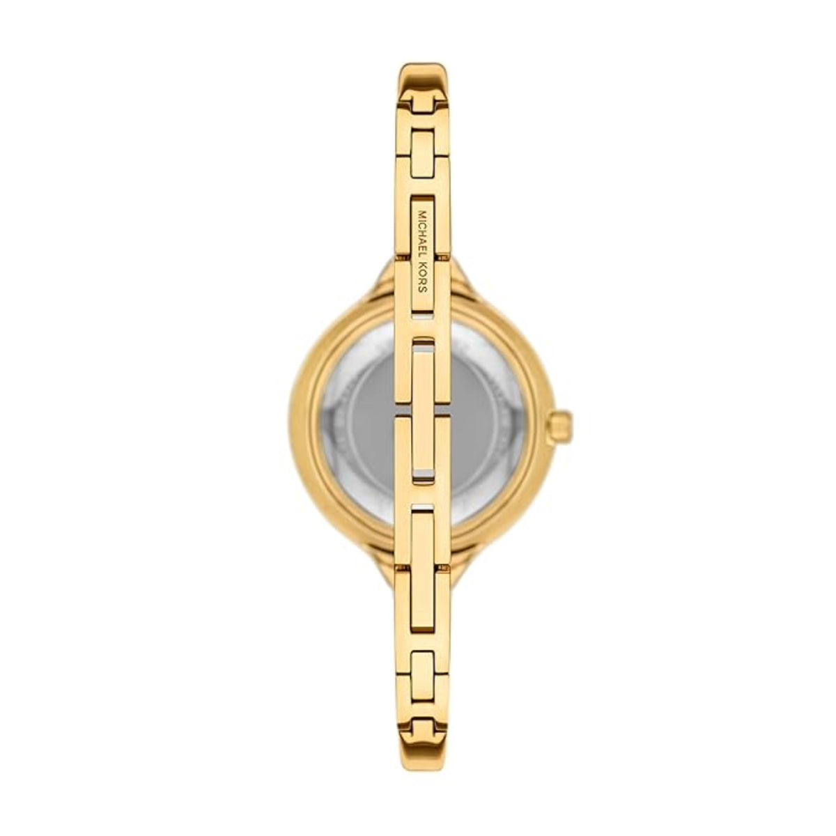 Gold watch with a clear face on a white background