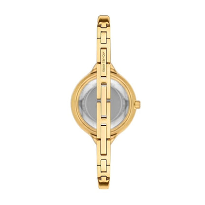 Gold watch with a clear face on a white background