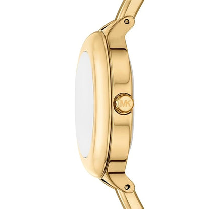Gold watch with a visible brand logo on a white background