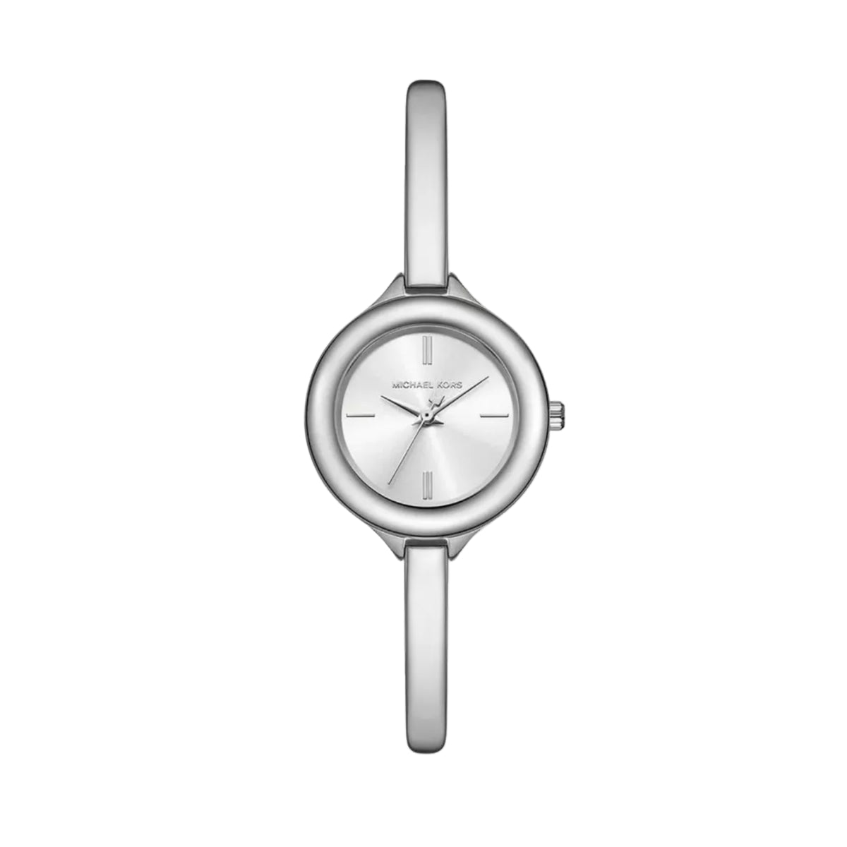 Silver watch with a thin band on a light gray background