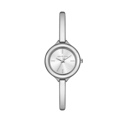 Silver watch with a thin band on a light gray background