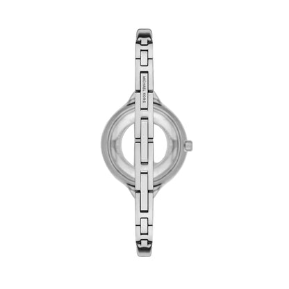 Silver watch with a clear face on a white background