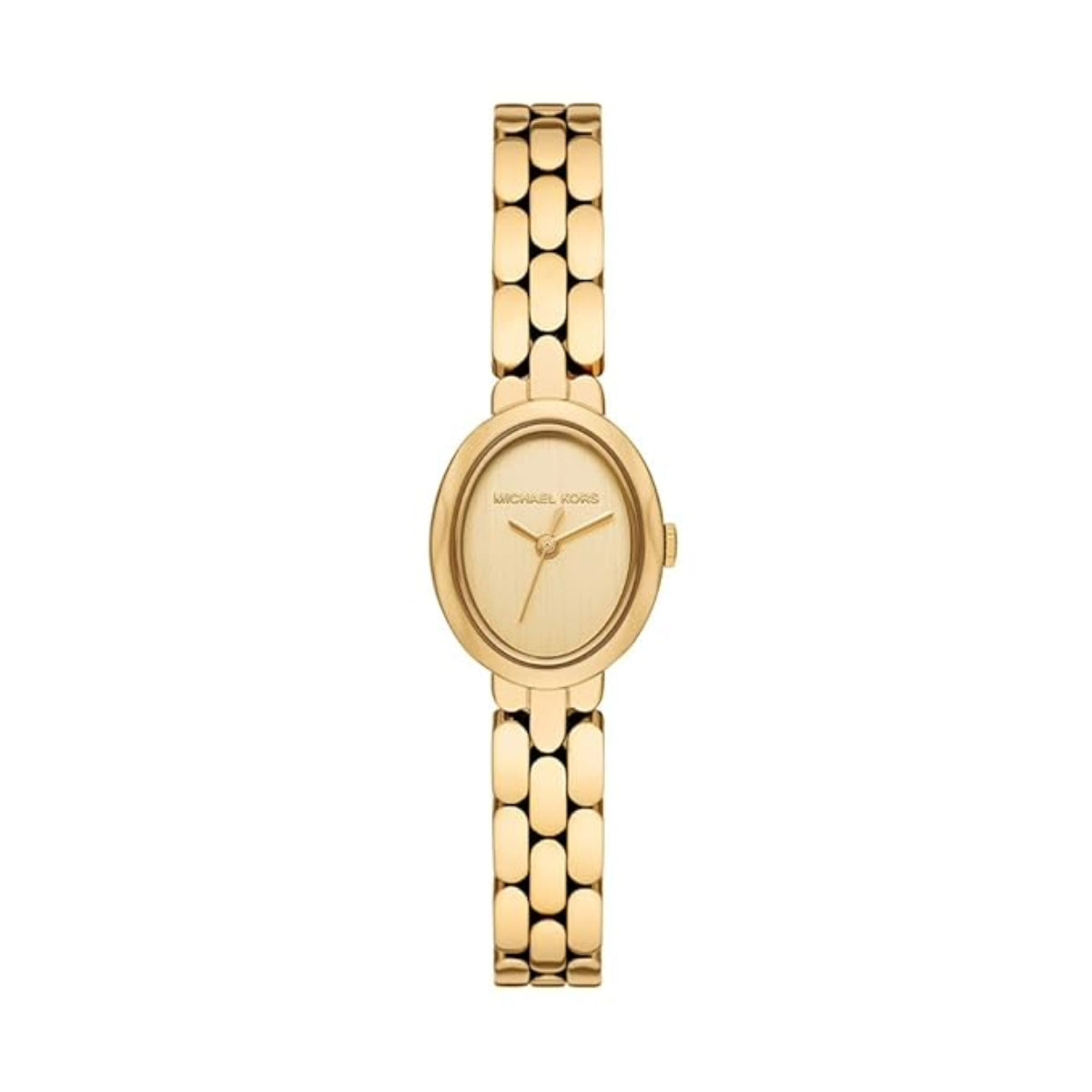 Gold watch with a chain-like bracelet on a white background