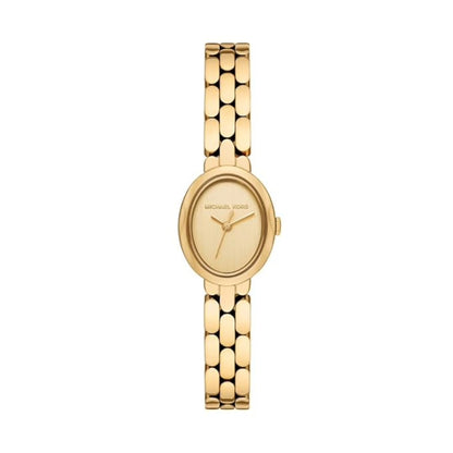Gold watch with a chain-like bracelet on a white background
