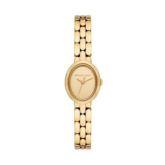 Gold watch with a chain-like bracelet on a white background
