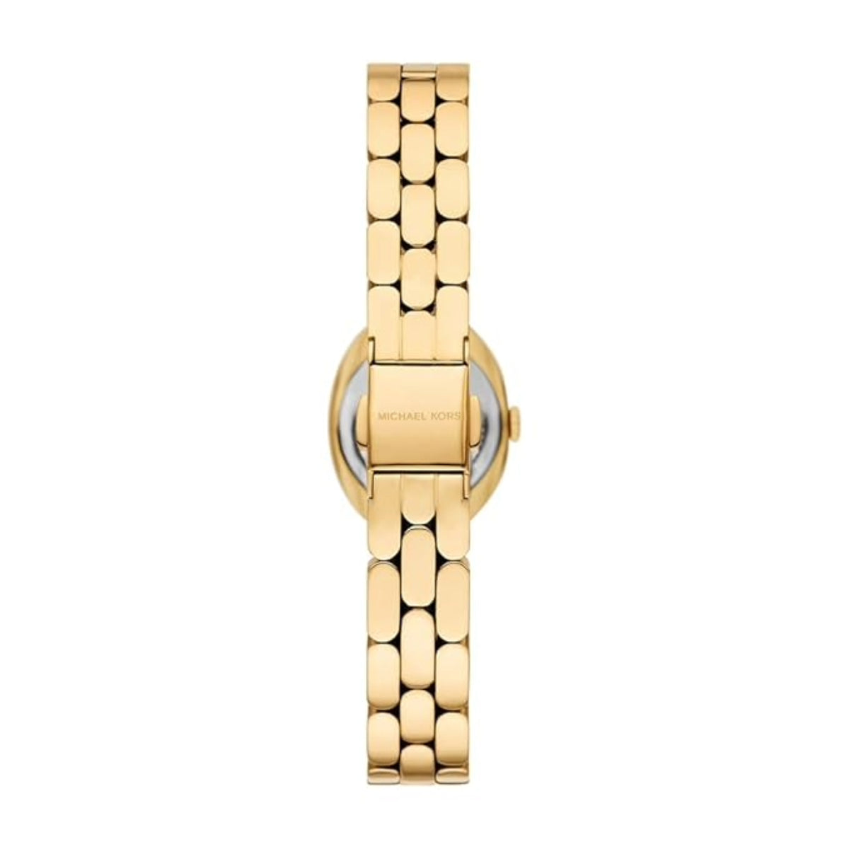 Gold watch with a chain-like bracelet on a white background