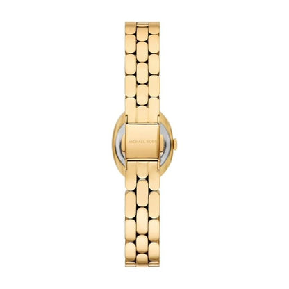Gold watch with a chain-like bracelet on a white background