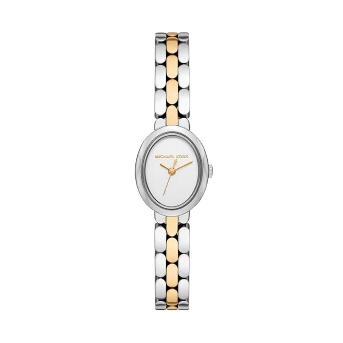 Two-tone watch with silver and gold band on a white background