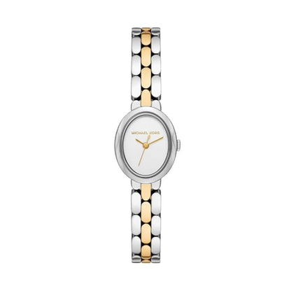 Two-tone watch with silver and gold band on a white background
