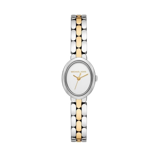 Two-tone watch with silver and gold band on a white background