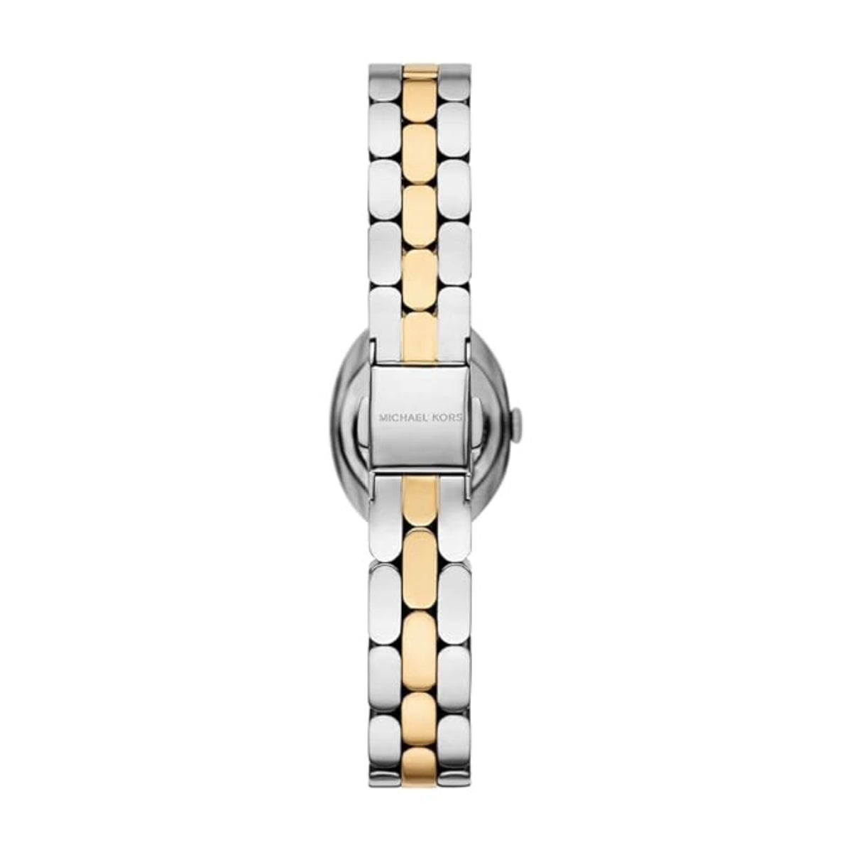 Two-tone watch with silver and gold band on a white background