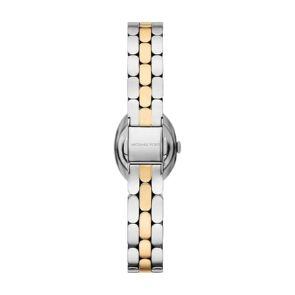 Two-tone watch with silver and gold band on a white background