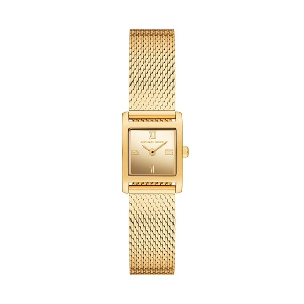 Gold watch with mesh band on a white background
