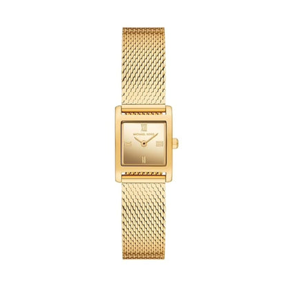 Gold watch with mesh band on a white background