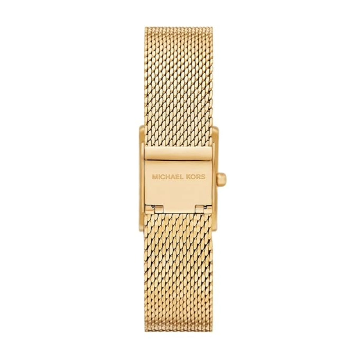 Gold watch with mesh band on a white background
