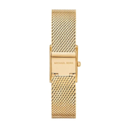 Gold watch with mesh band on a white background