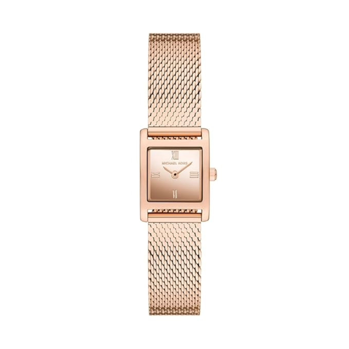 Rose gold watch with mesh band on a white background