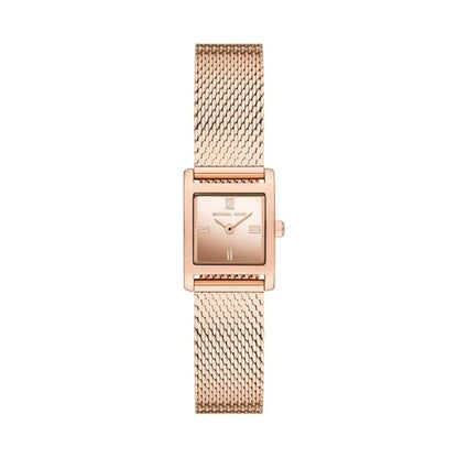 Rose gold watch with mesh band on a white background