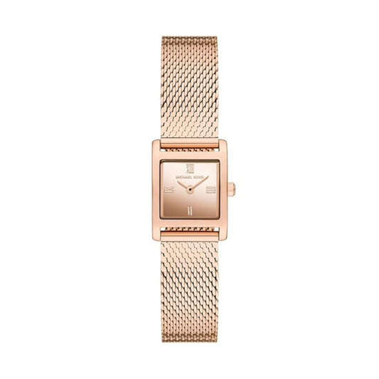 Rose gold watch with mesh band on a white background