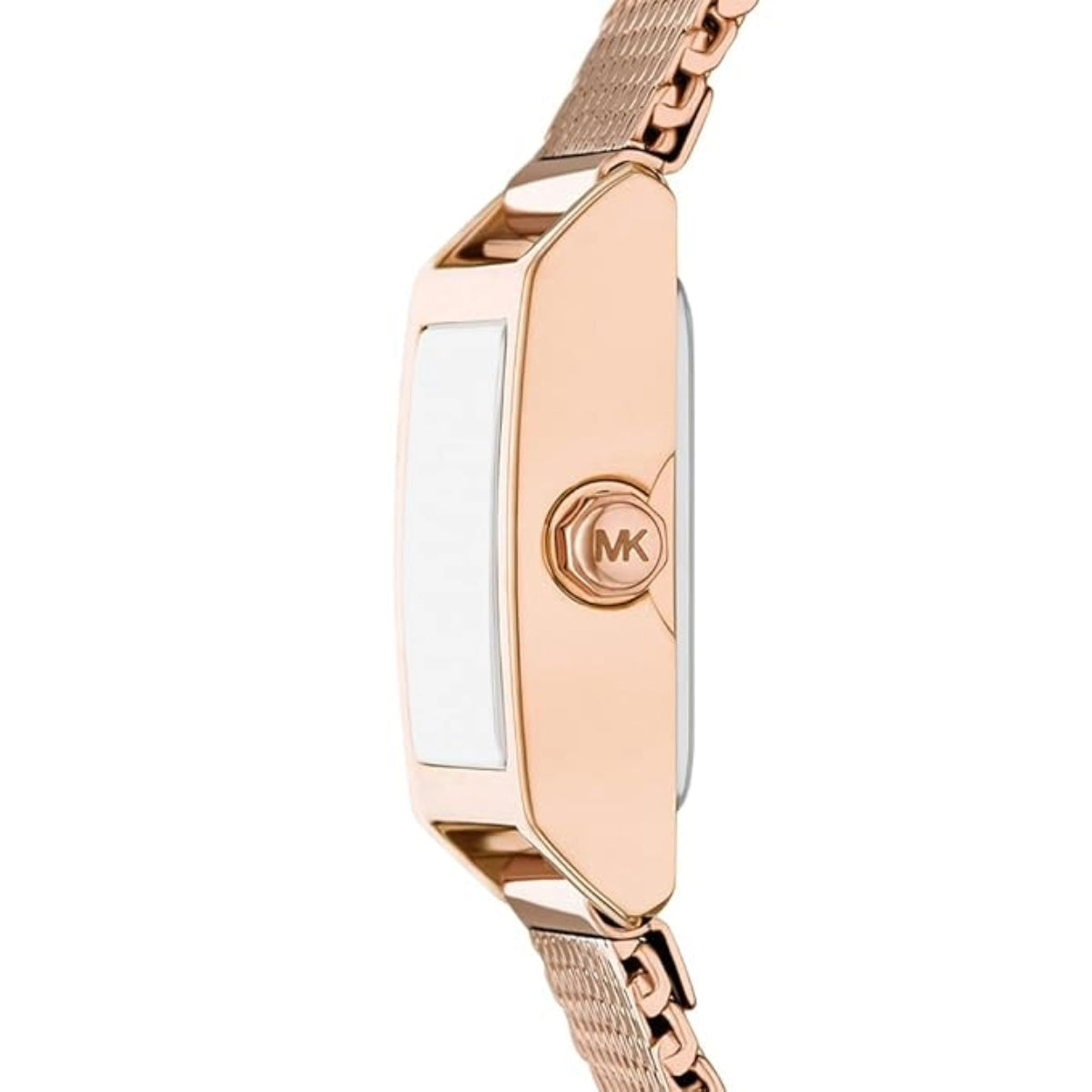Rose gold watch with a visible brand logo on a white background