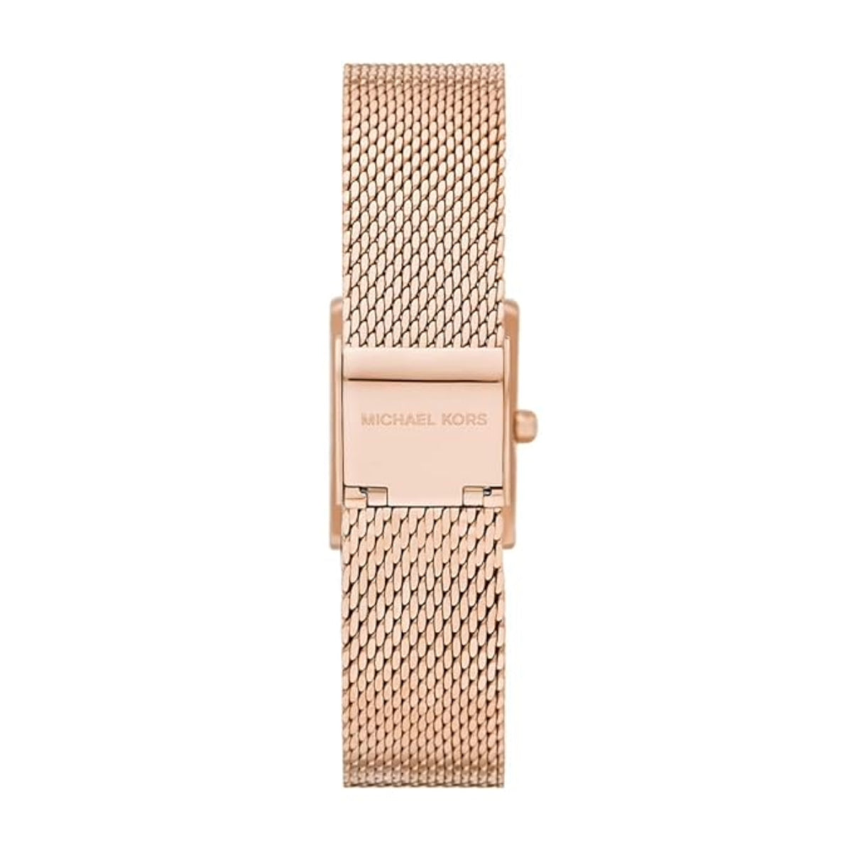 Rose gold watch with mesh band on a white background