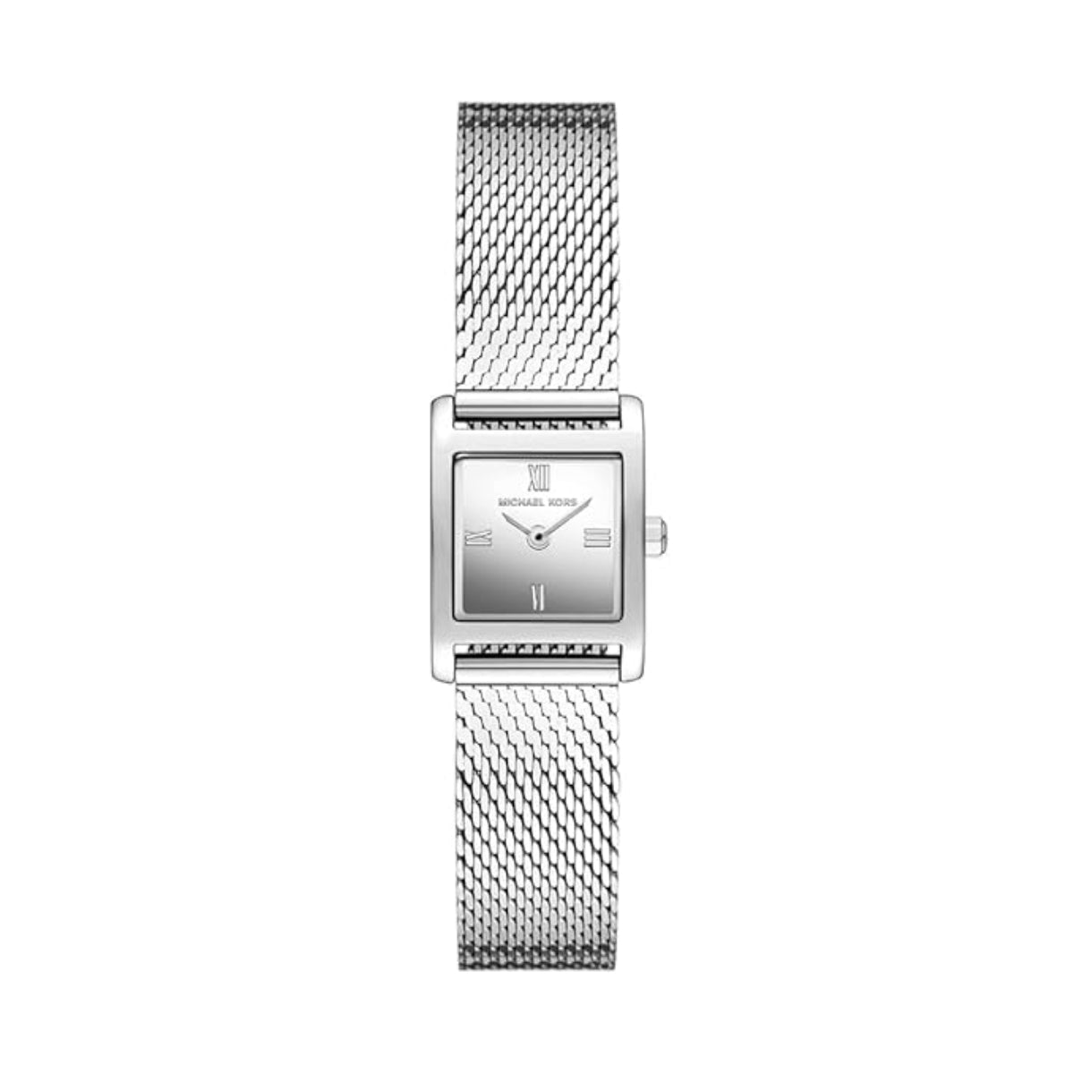 Silver watch with mesh band on a white background