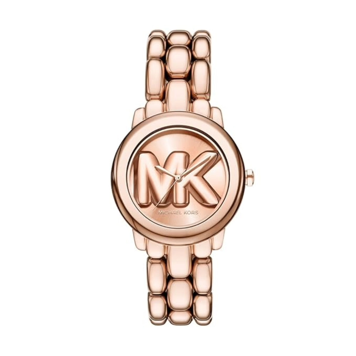 Rose gold watch with brand logo on a white background