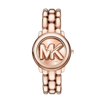 Rose gold watch with brand logo on a white background