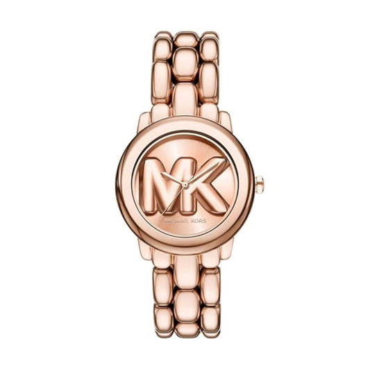 Rose gold watch with brand logo on a white background