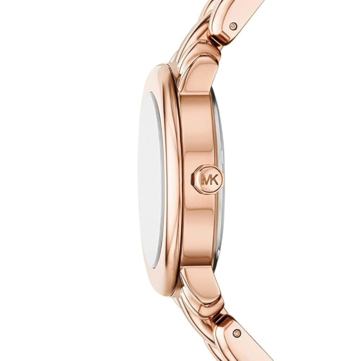 Rose gold watch with a visible brand logo on a white background