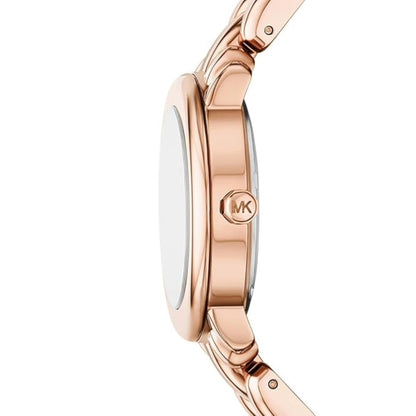 Rose gold watch with a visible brand logo on a white background