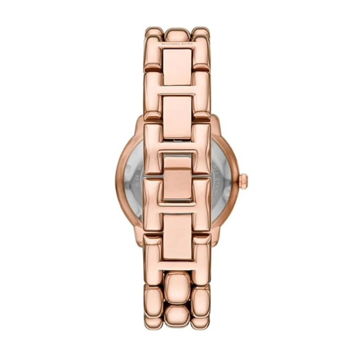 Rose gold watch with a chain-like design on a white background