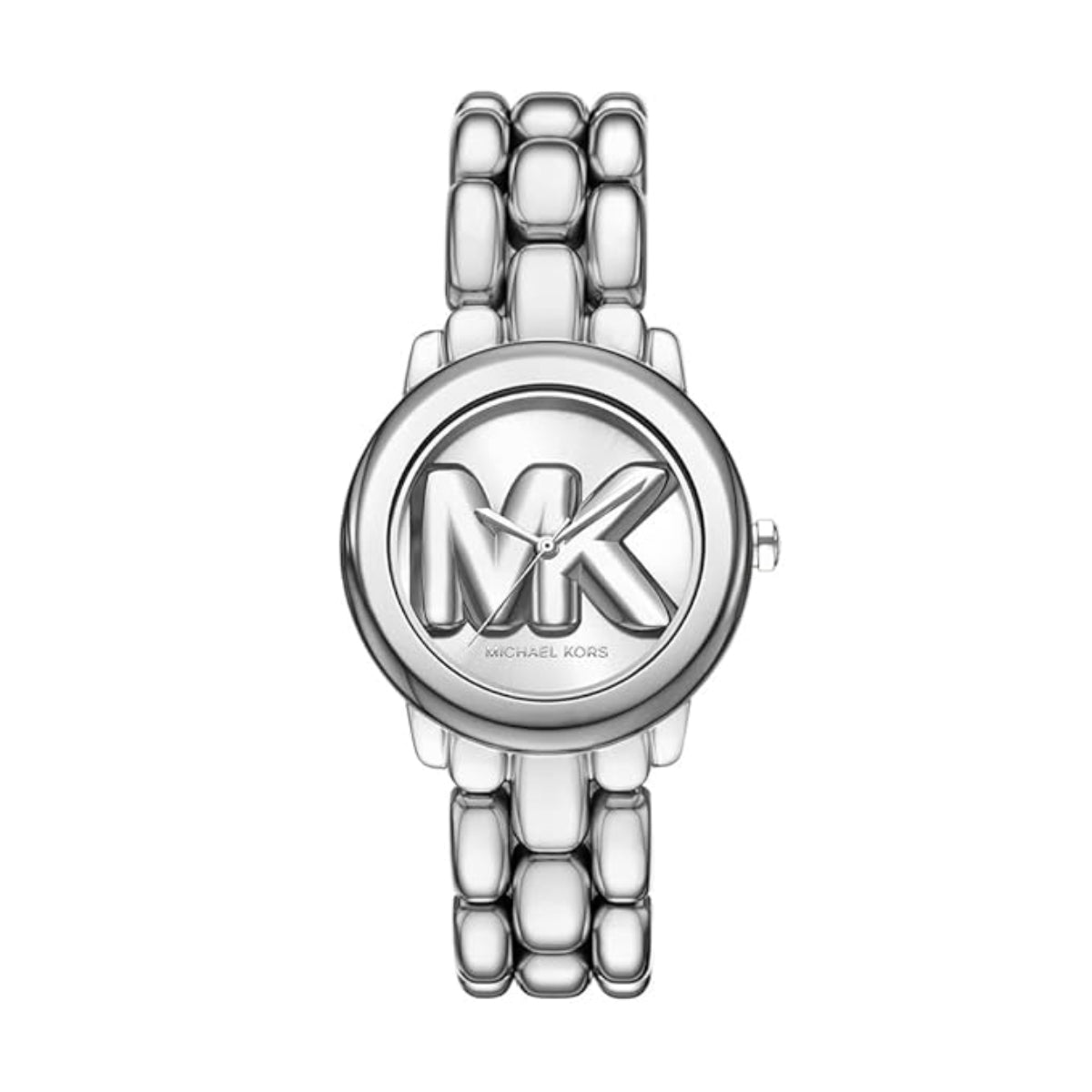 Silver watch with 'MK' logo on a white background