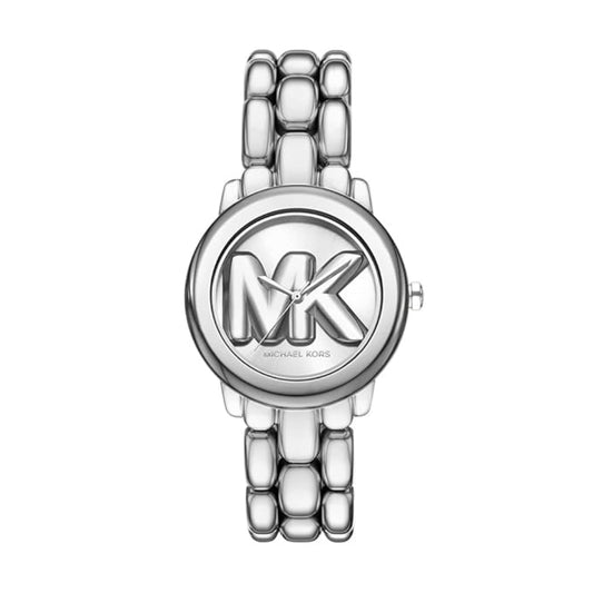 Silver watch with 'MK' logo on a white background