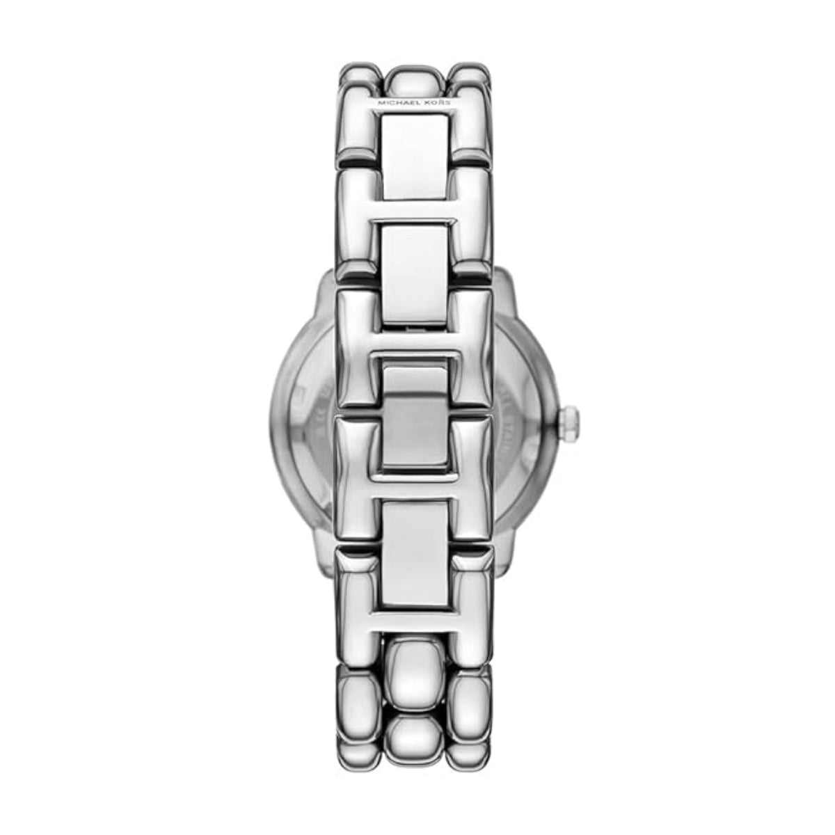 Silver watch with a detailed bracelet design on a white background