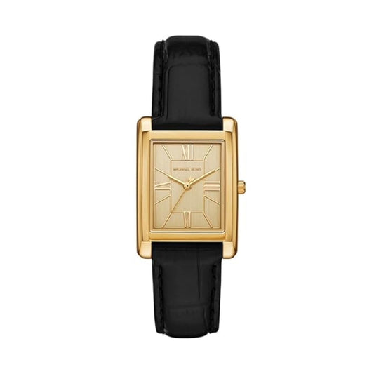 Gold watch with black strap on a white background