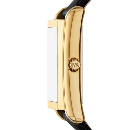 Gold watch case with black band and Michael Kors logo on a white background
