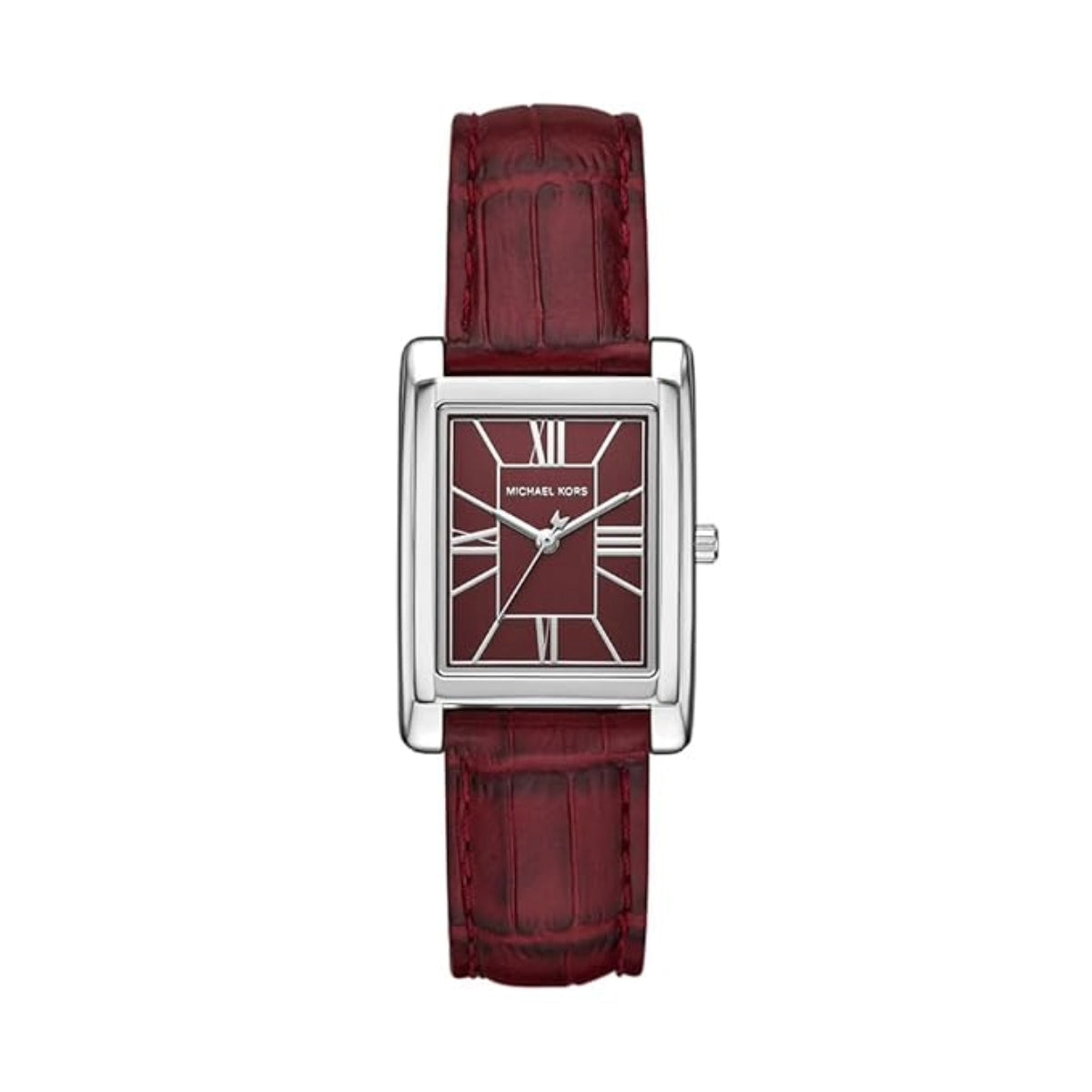 Watch with red strap and square face on a white background