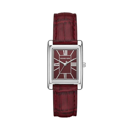 Watch with red strap and square face on a white background