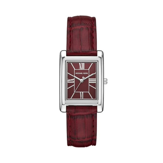 Watch with red strap and square face on a white background