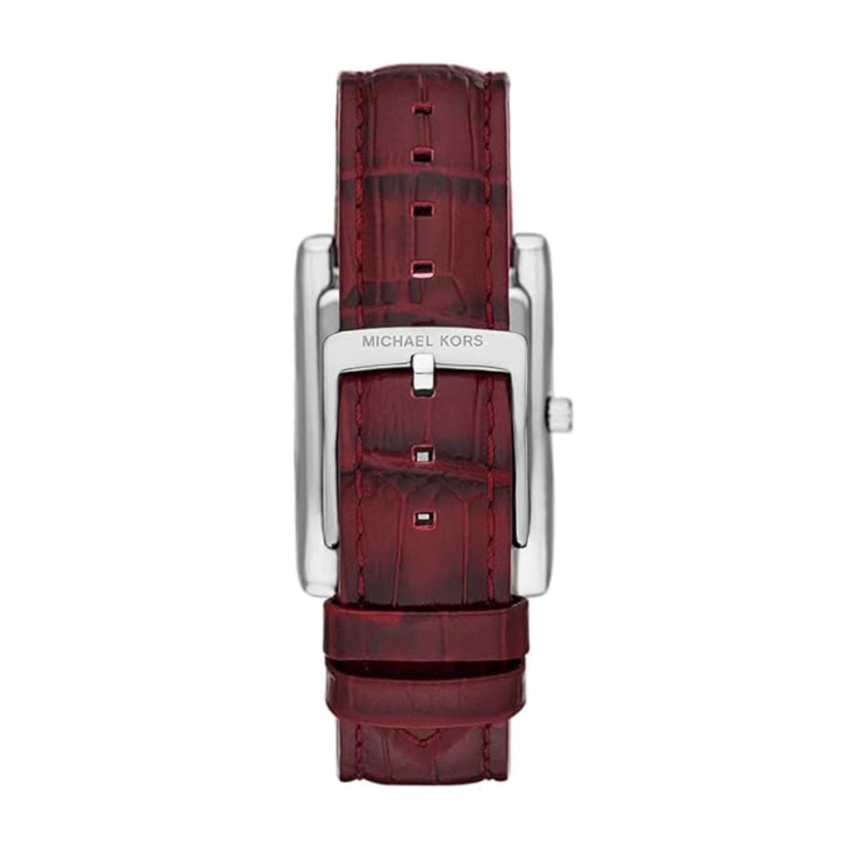 Red watch strap with silver clasp on a white background