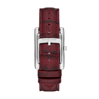 Red watch strap with silver clasp on a white background
