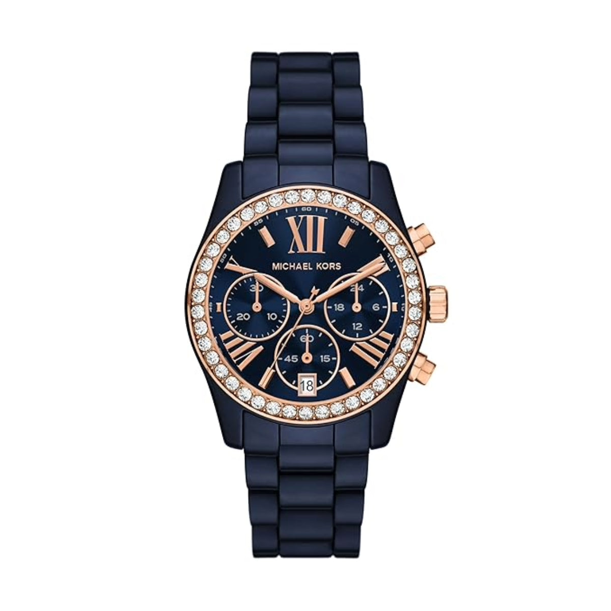 Michael Kors watch with navy blue band and rose gold accents on a white background