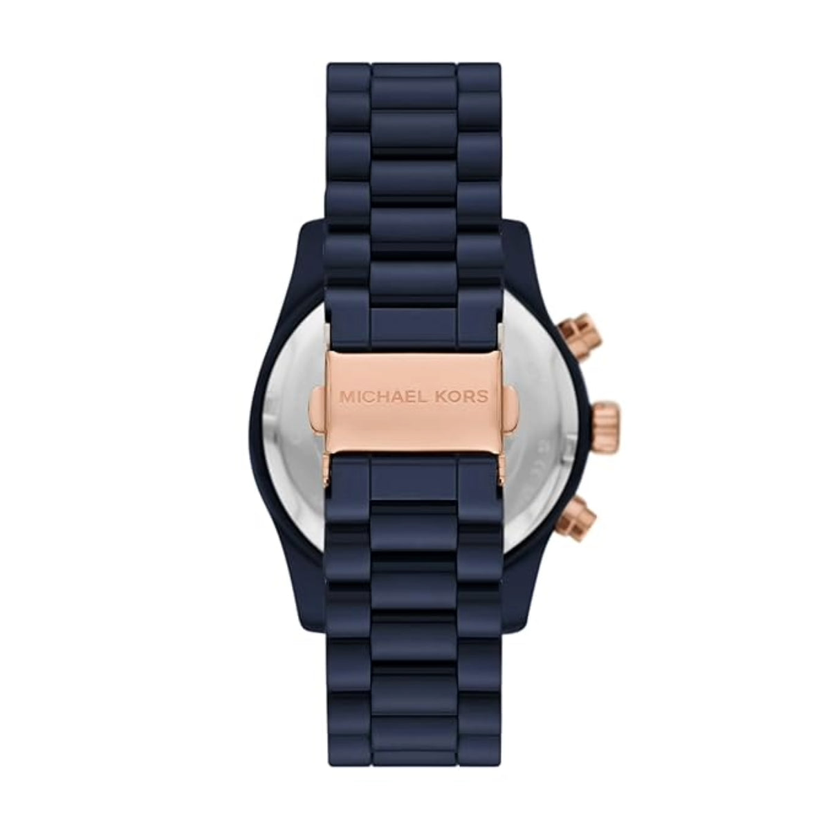 Michael Kors watch with navy blue band and rose gold case on a white background