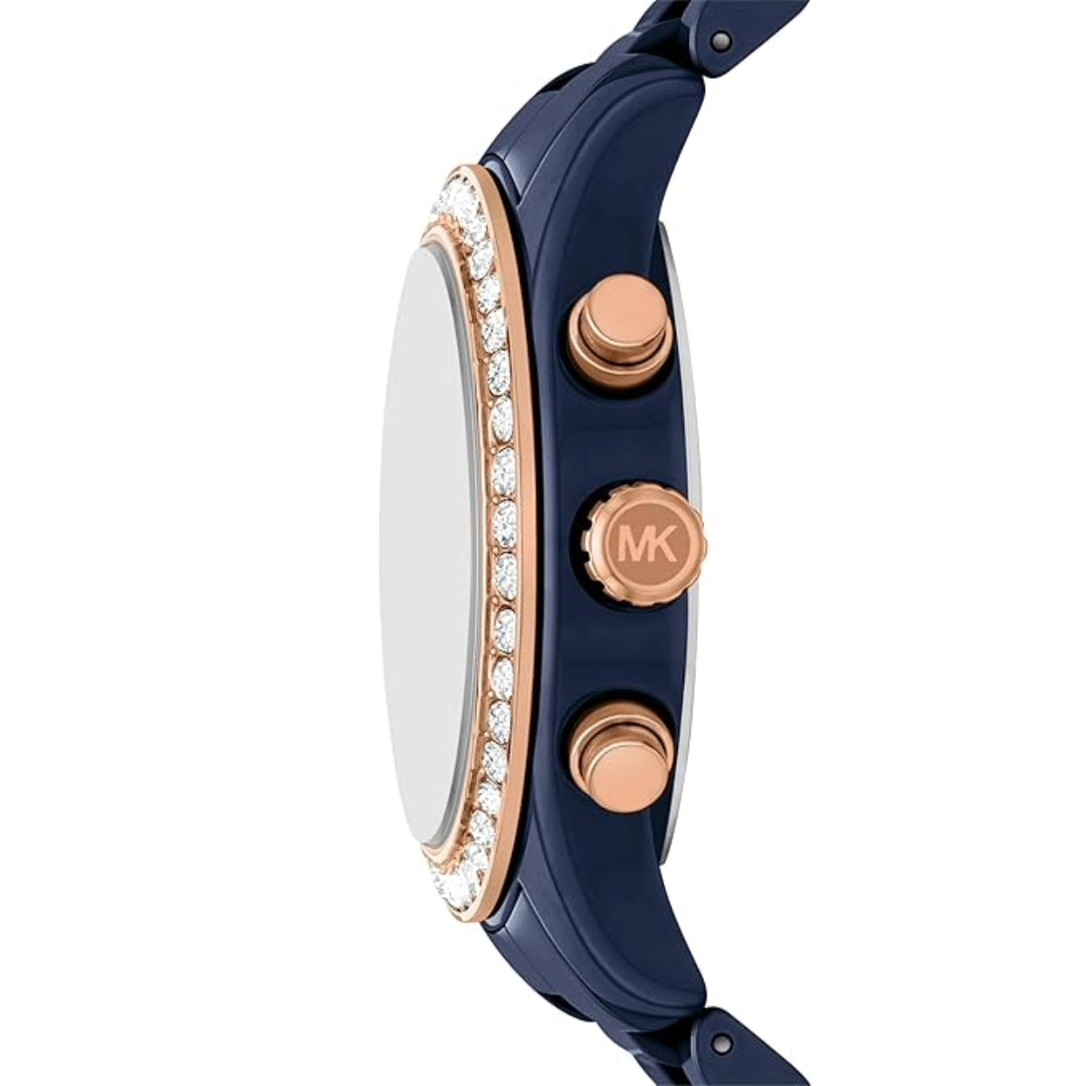 Close-up of a blue watch with rose gold accents on a white background