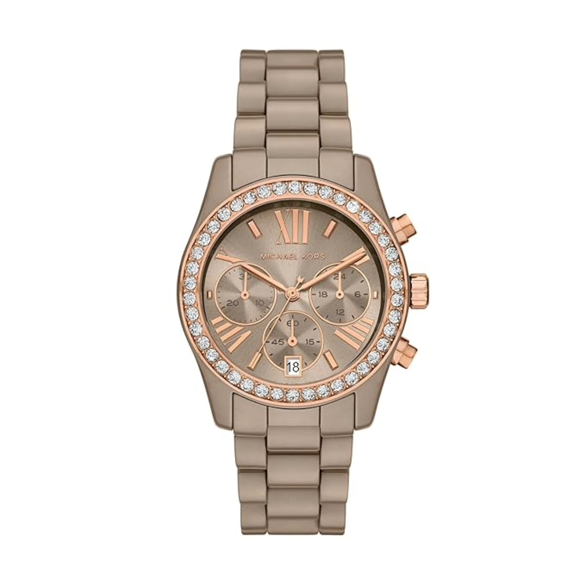 Rose gold watch with diamond-studded bezel on a white background
