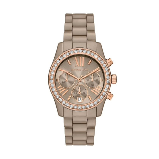 Rose gold watch with diamond-studded bezel on a white background